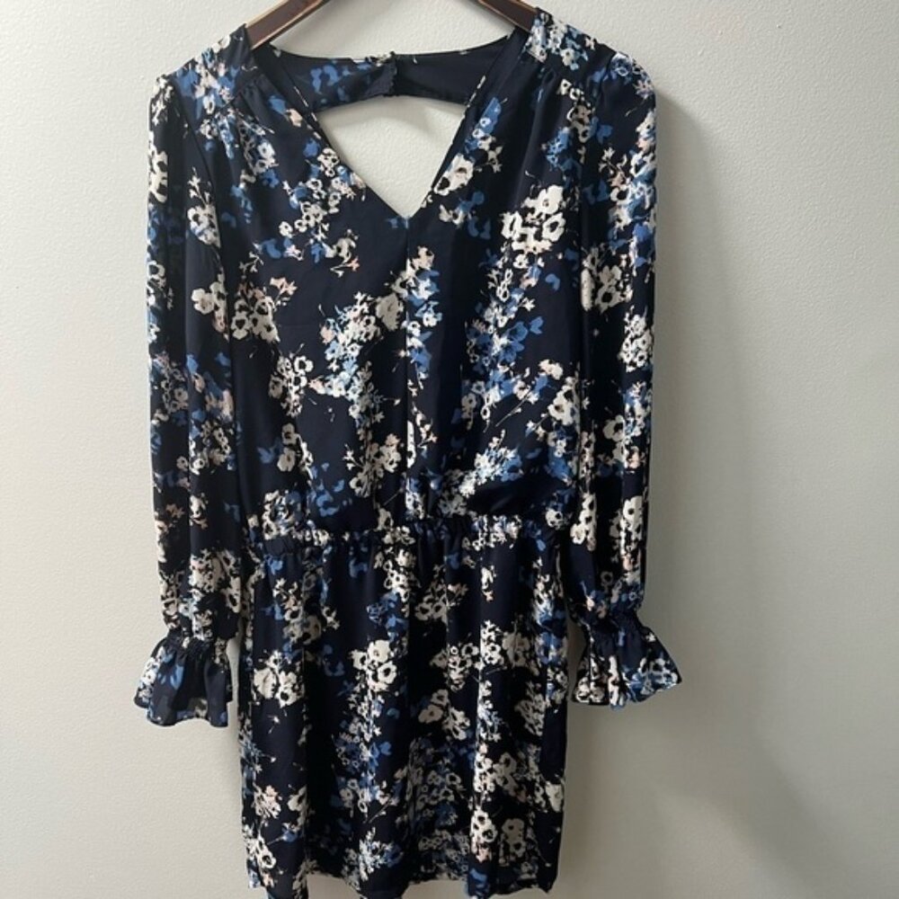 V Neck Navy, Floral (pink and whites) Dress, drop waist & open back detail, sz 6